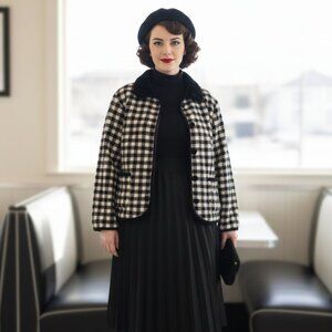 Talbots Vintage Women's Small Black & White Plaid Velvet Trim Fleece Jacket